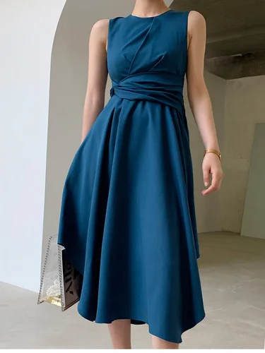 Женское синее шифоновое платье, новая мода, круглый вырез, галстук, талия, без рукавов, неровные, Свинг, миди платья, элегантная одежда для бега - Цвет: blue