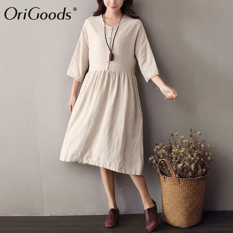 

OriGoods Linen Dress Women Knee length Dress High waist O-neck Vintage Summer Dress Original Design Kawaii Cute Dress Robe C063