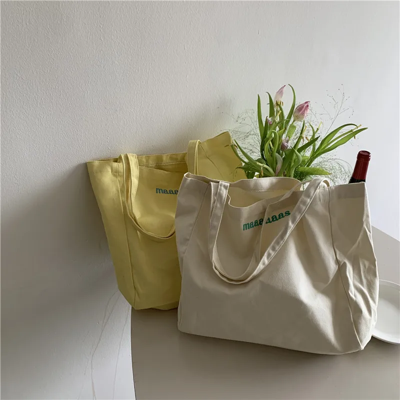 

Korean Canvas Shoulder Bag Letter Printing Daily Commuter Handbag Large Capacity Shopping Bucket Bag Simple