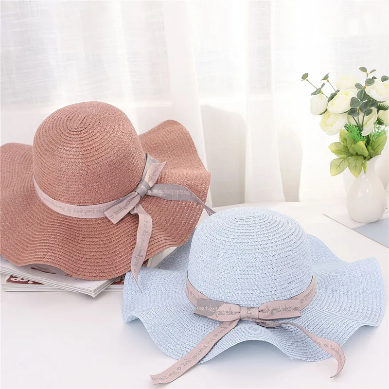 Women Sun Protective Strawhat Wave Brim Simple Bowknot Decor Beach Hat for Summer FEA889