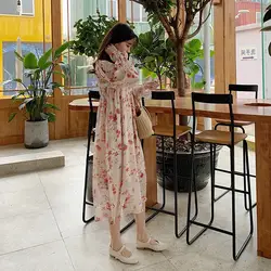 Корейский стиль, Летний Новый Стиль, свободное приталенное милое элегантное шифоновое платье средней длины с цветочным принтом и длинными