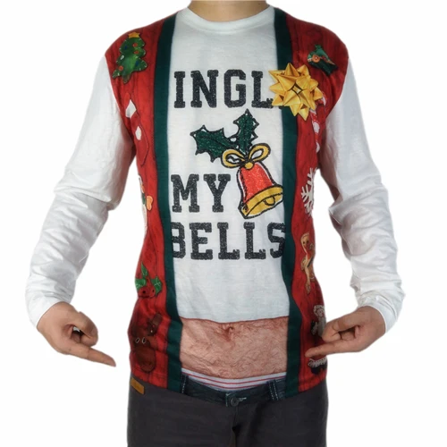 Tacky Jingle Bells напечатаны уродливое Рождество футболка для мужчин Frisky Hairy Santa мужские с длинным рукавом уродливое Рождество футболки Плюс Размер - Цвет: Version 1
