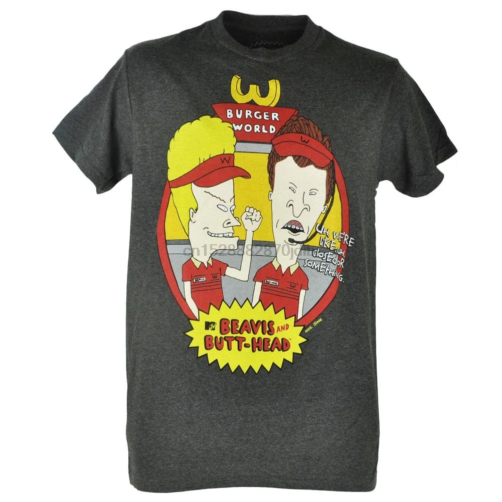 MTV Beavis и Butt-Head Burger World Graphic Heather темно-серая футболка с маленьким мультяшным принтом