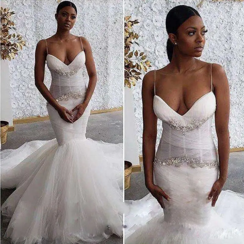 Black Girls Mermaid Wedding Dresses With Spaghetti Exposed Boning African Plus Size Bridal Gowns Boho robe de mariee Cheap
