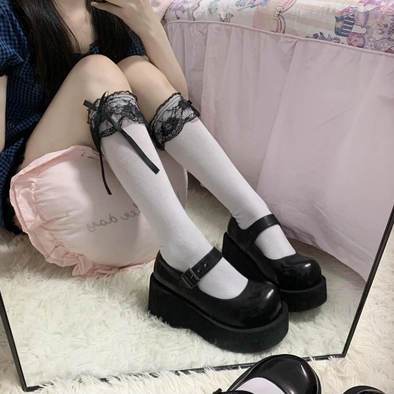 

Cute 1 Pair Lolita Socks Girls Japanese Style Pure Color Bow Lovely Cosplay High Quality Spring Autumn Soft Socks
