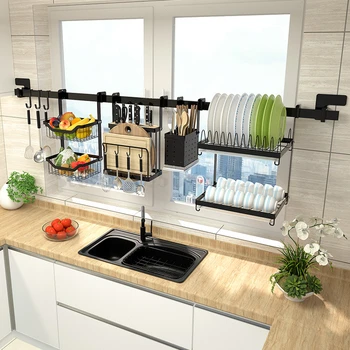 

Black kitchen drain bowl rack stainless steel sink above the window wall hanging pick-up rack do not punch