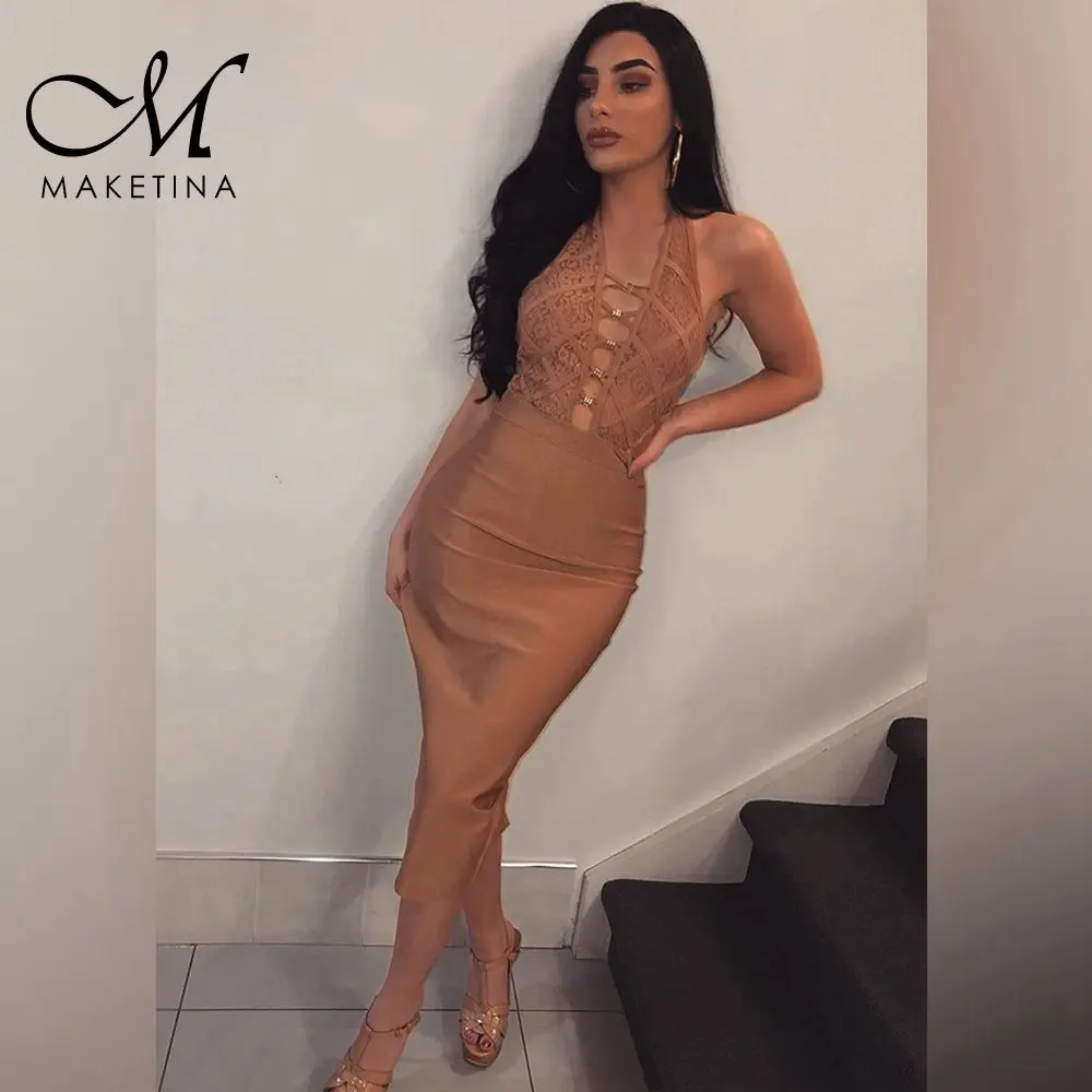 

Maketina 2019 Summer Brown Bandage Dress Sexy Backless Bandage Long Dress Evening Party High Waist Evening Bandage Dress