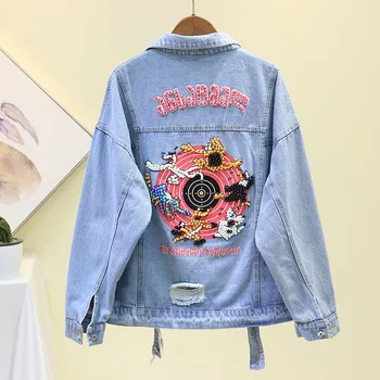 

2020 Spring Autumn Blue Denim Jacket Women Hand-studded Bead Cartoon Holes Cowboy Jacket Female Student Loose Fashion Jackets