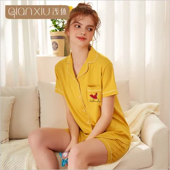 

2020 Summer Female Casual Pajama sets Ladies Cotton Sleepwear suit Women Turn-down Collar Short Sleeve shirt &Shorts XXL