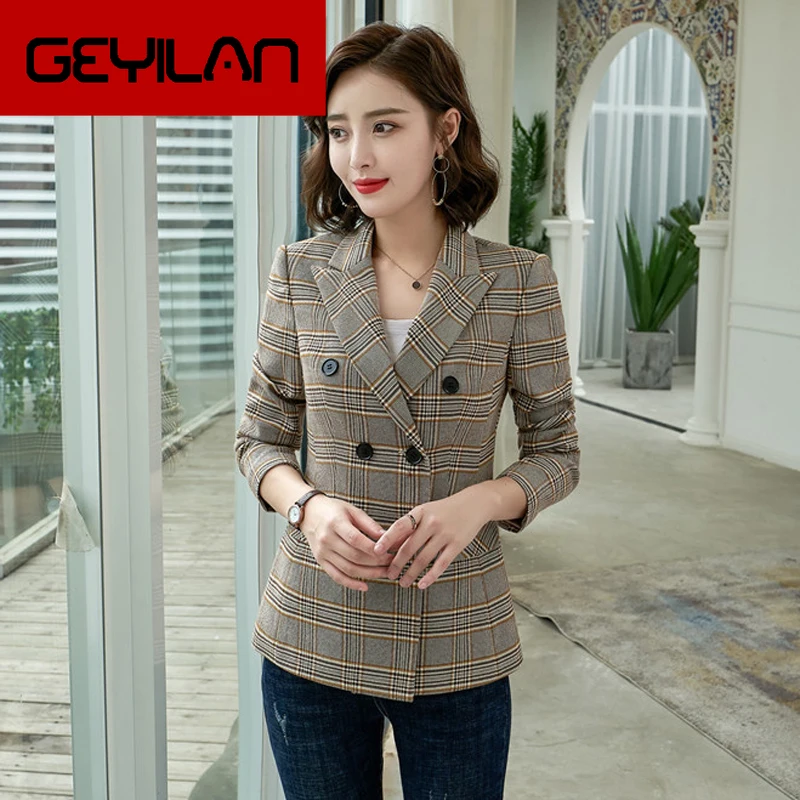 

New high quality women's check jacket Casual temperament long-sleeved double-breasted large size suit jacket female Office top