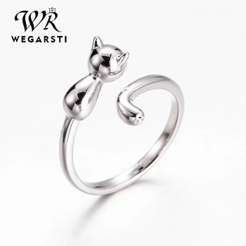 

WEGARSTI Authentic 925 Sterling Silver Cat Open Size Adjustable Finger Rings For Women Wedding Engagement Jewelry