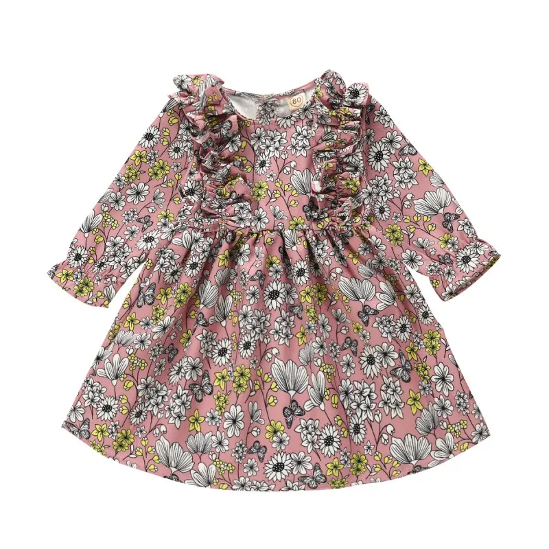 

2019 New Autumn Casual Baby Girls Floral Pattern Long Flare Sleeve Dress Kids Toddler Pageant Sundress