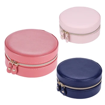 

Round Portable Jewelry Box PU Leather Sweet Small Fresh Zipper Earrings Necklace Ring Storage Box