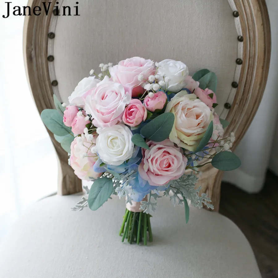 JaneVini 2021 Pink Rose Wedding Bouquets Bridesmaid Handheld Flower Artificial Hydrangea Bride Handmade Bridal Brooch Bouquet