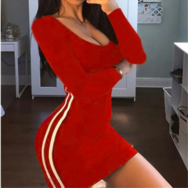 Red Long Sleeve ZSIIBO повседневное обтягивающее платье для женщин, модные сексуальные Стрейчевые облегающие платья для девушек, летнее Полосатое мини-платье размера плюс Vestidos - Цвет: Red Long Sleeve