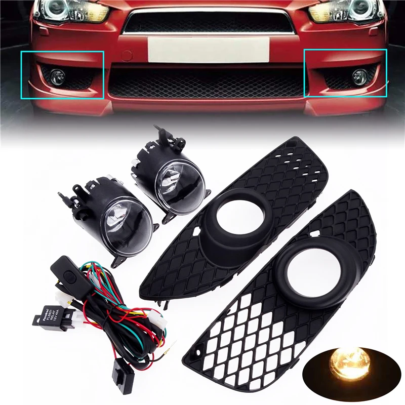 

1 Set Black Car Halogen Fog Lights Housing Front Bumper Grill Frames Wiring Harness Switch Kit For Mitsubishi Lancer 2008-2013