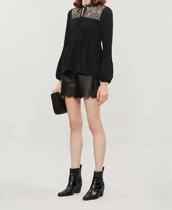 

Lace Shoulder Contrast Lace Up Blouse Spring Autumn Women Lantern Sleeve Shirt Casual Tops Black Blouses