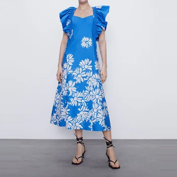 

Fashion Women Summer Temperament Flowers Dress Butterfly Sleeve Square Collar Mid Calf A-line Slim Party Dress WB2052