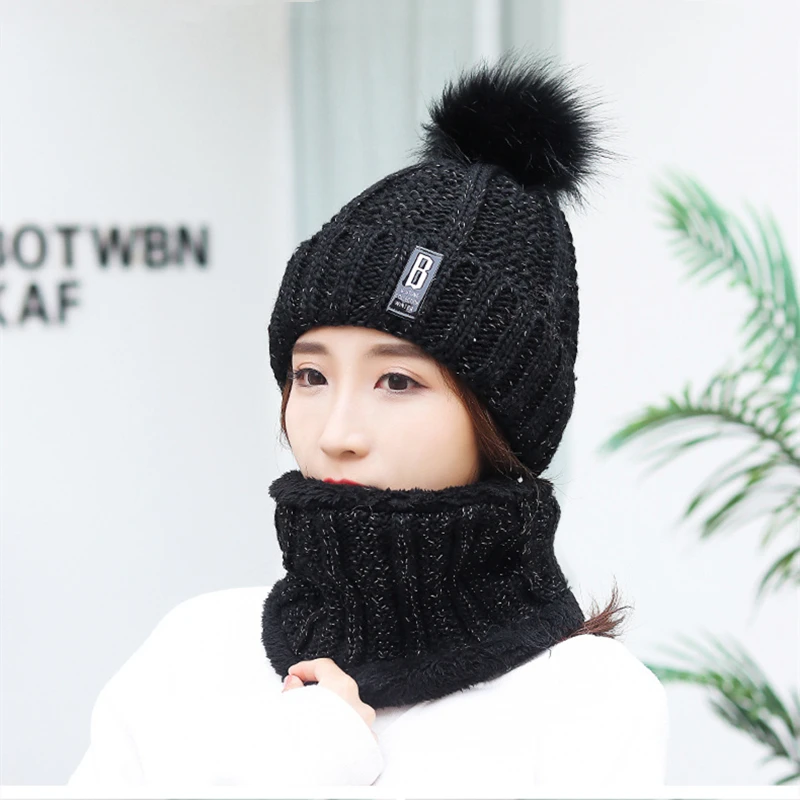 

2020 New Winter Hats Women With Bib Cute Warm Velvet Wool Hat Female Thicking Riding Windproof Knit Hat Skullies Beanie Caps Set