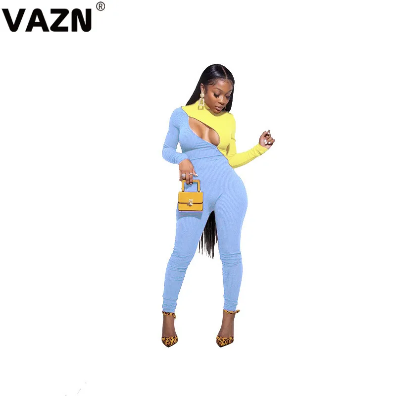Yellow Blue VAZN, новинка, модные уличные комбинезоны с принтом, в горошек, повседневные, бодикон, с круглым вырезом, вязаные, сексуальные, длинные штаны, тонкий, длинный комбинезон - Цвет: Yellow Blue