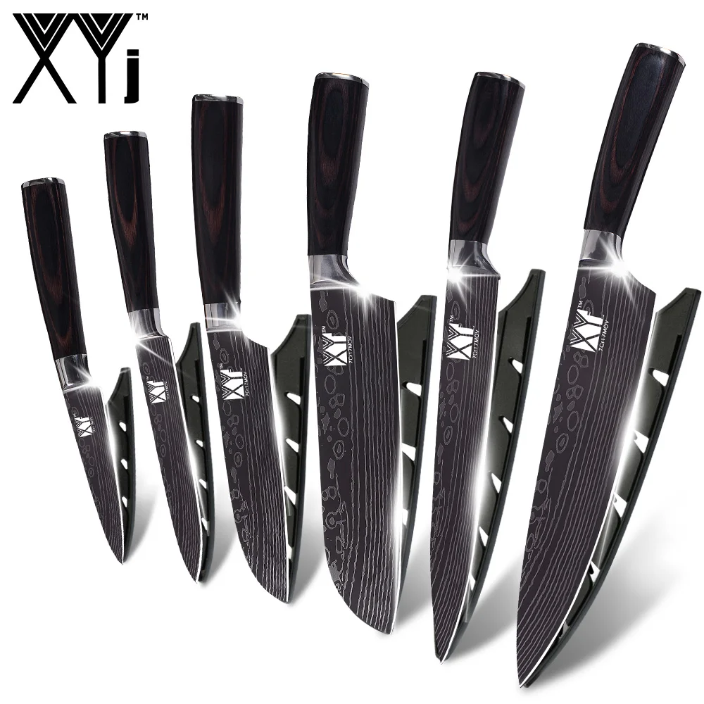 XYj 6PCS Kitchen Knife Set Stainless Steel Blades Damascus Laser Chef Knife Sets Santoku Utility Paring Cooking Tools kitchen