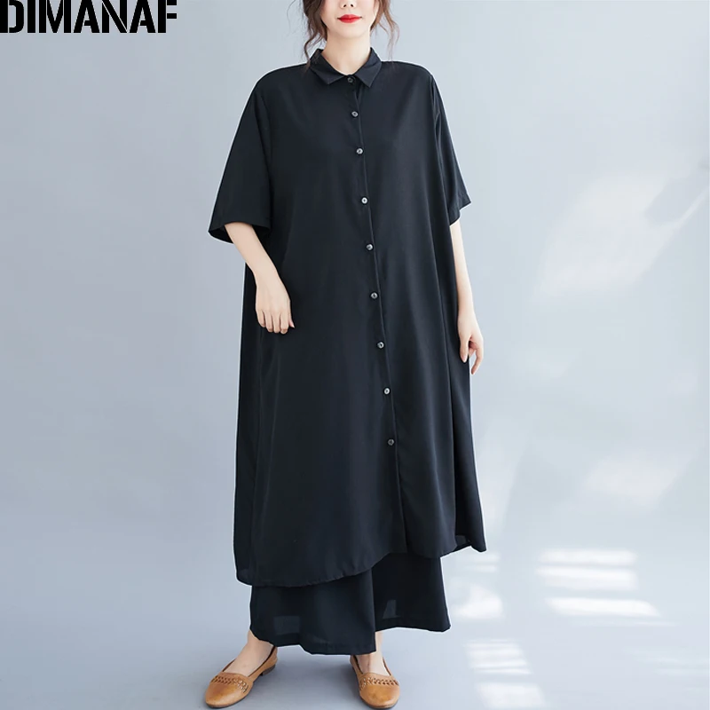 

DIMANAF Plus Size Sets Suit Women Clothing Button Cardigan Tops Shirts Casual Office Lady Loose Long Pants Sets Suit Solid Black