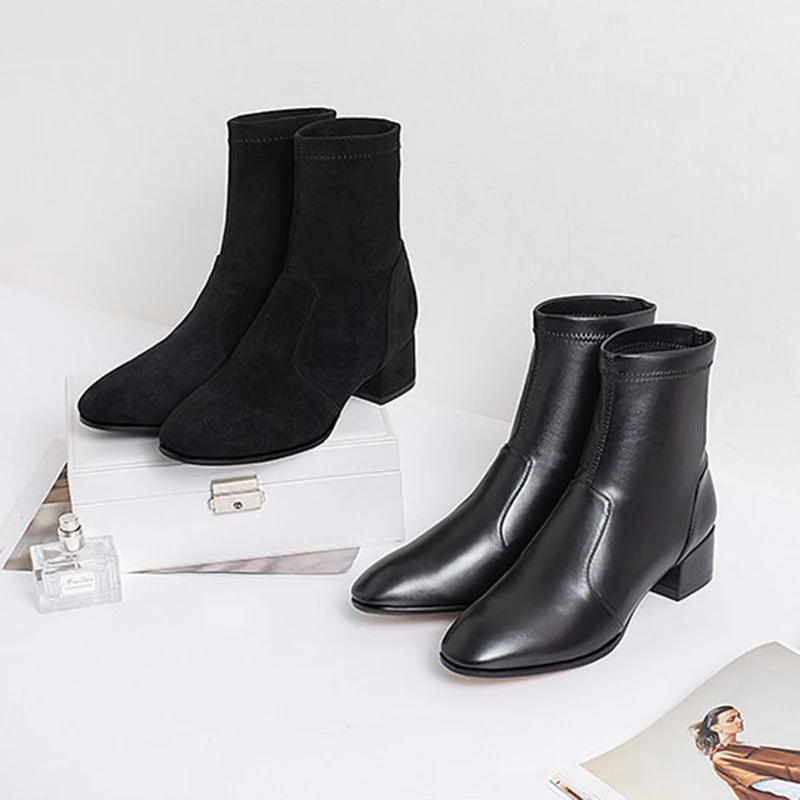 

Black leather/flock martin boots chunky brief woman winter ankle botas mujer slim british chelsea botines female sewing booties