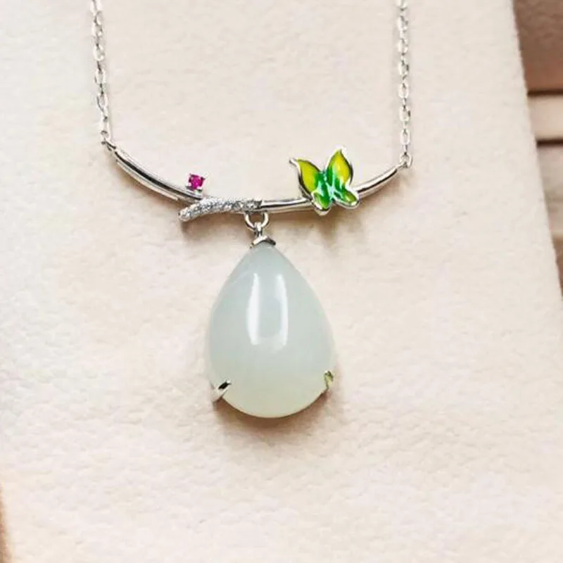 Beautiful 925 Silver White Jade Water Drop Inlaid Enamel Craft Colored Zircon Pendant For Women Jewelry