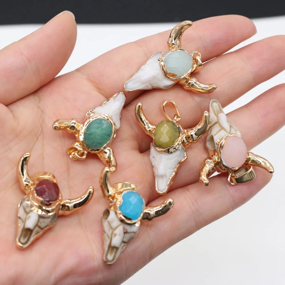 

1pcs Natural Stone Bull Head Bone Plus Egg Shape Faceted Charm Pendant for Necklace Bracelet Jewelry Making DIY Size 26x30mm