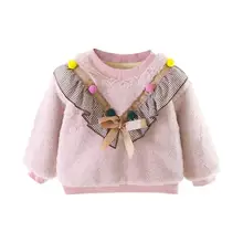 Детский свитер для маленьких девочек; удобная мягкая одежда в клетку с длинными рукавами и рюшами; Корейская флисовая одежда с круглым воротником
