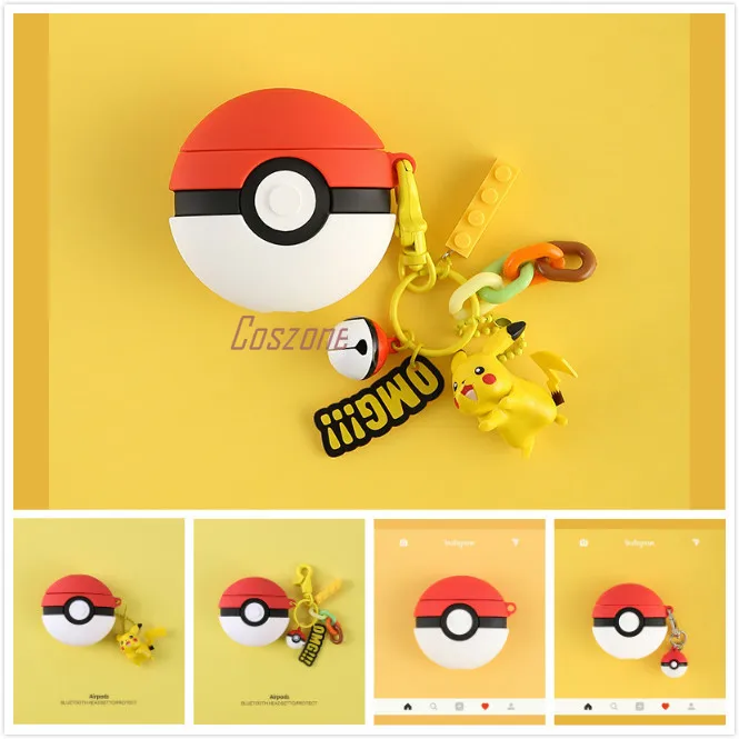 

Pokemon Pocket Monster Pokeball Pikachu Silcone Protection Airpods Case Keychain Pendant Bluetooth Wireless Earphone Cover