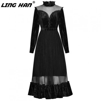 

LINGHAN Elegant Velvet party Dress Noble Stand Mesh Patchwork Temperament Slim Dresses Designer Autumn New