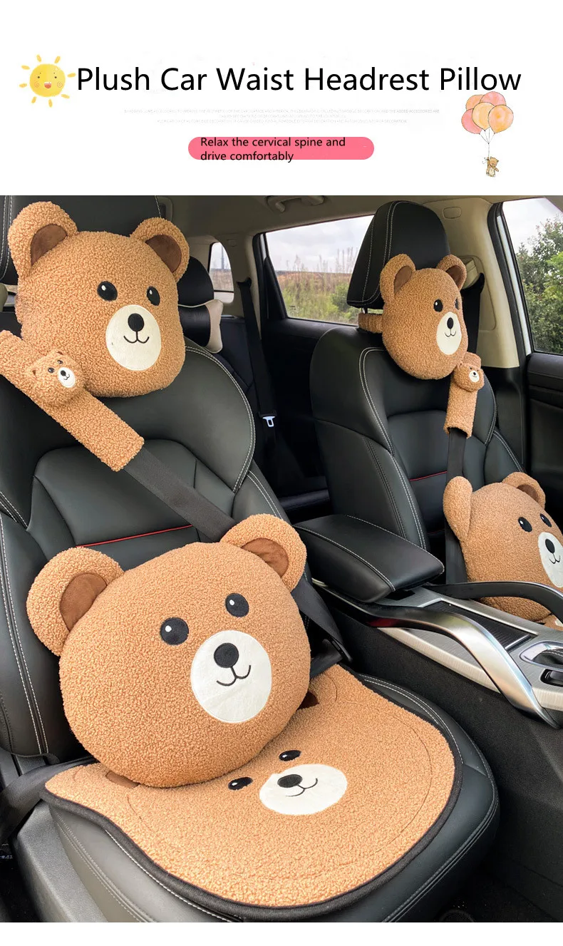 Cartoon Car Headrest Neck Rest Cushion Shoulder Strap Cute Bear