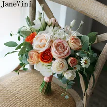 JaneVini Arancione Champagne Da Sposa Bouquet di Foto di Fascino Toni Caldi Autunno Artificiale Rosa ramos de flores Fiori Da Sposa Mazzi di Fiori