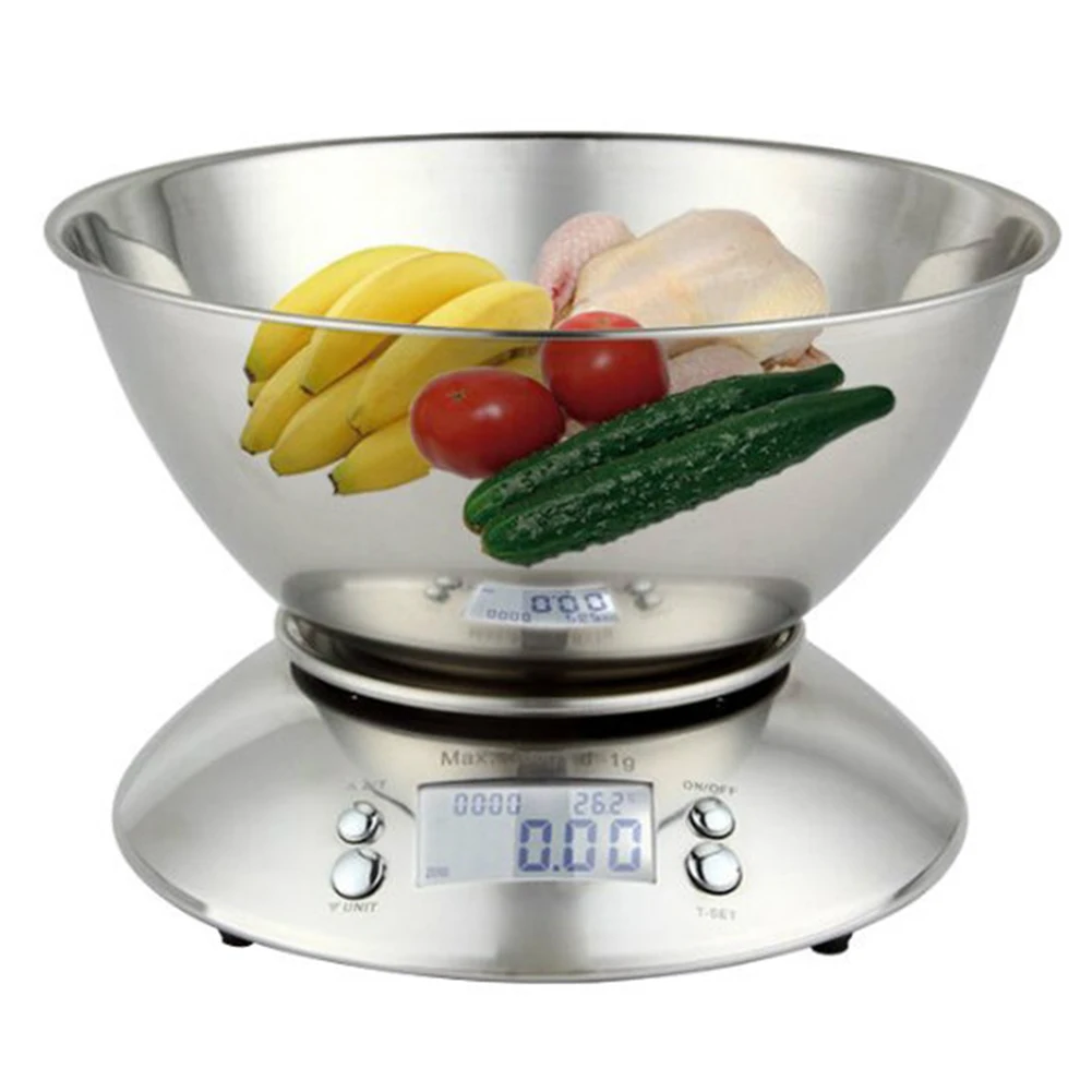 Kitchen Scale Cooking Digital Battery Powered Alarm Clock Electronic Stainless Steel LCD Display Baking With Bowl Food Removable