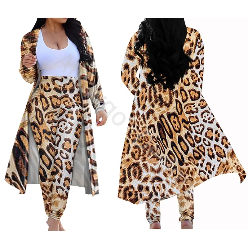 

Leopard Print Sets Womens Outfits Fashion Long Coat Elasticity Slim Leggings Casual Ladies Club Clothing For Custom Pantalon