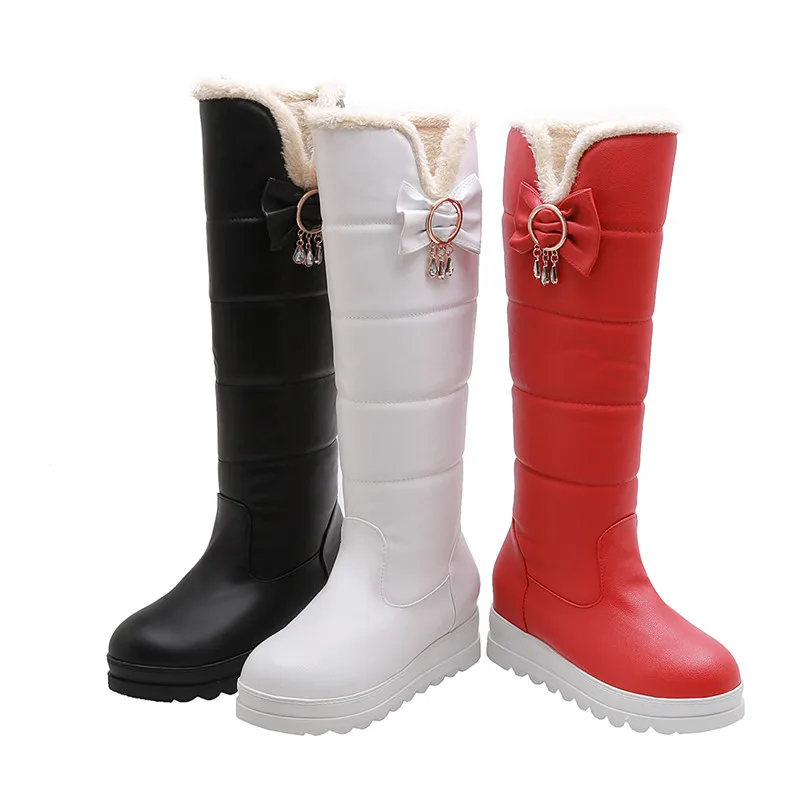 ESRFIYFE New Pu Leather Winter Boots Women Shoes Boots Knee High Boots Winter Warm Plush Thick Heel Platform Snow Boots
