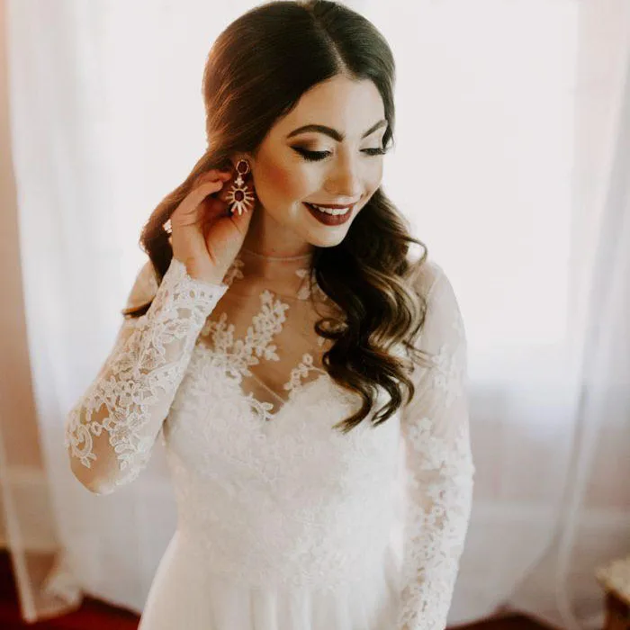 Белый Винтажное Белое кружево кантри Сад Свадебные платья с длинными рукавами Тонкий пуговицы сзади Свадебные платья Летний Пляжный богемный свадьба - Цвет: Белый