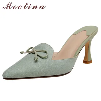 

Meotina High Heels Women Pumps Elegant Bow Kitten High Heels Mules Shoes High Quality Pointed Toe Shoes Ladies Spring Size 33-41