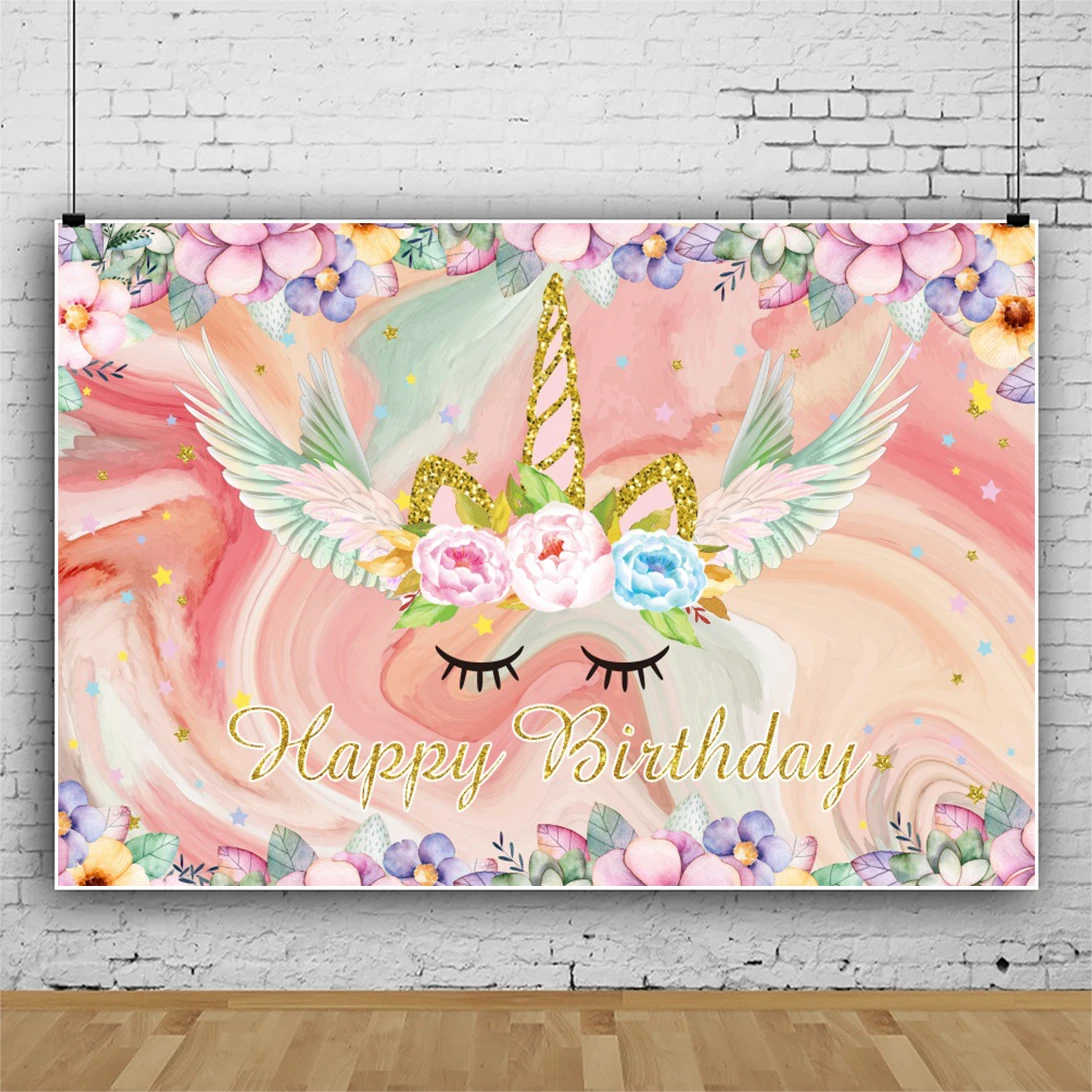 

Laeacco Unicorn Flower Baby Happy Birthday Background Fairytale Wing Gold Glitters Star Customized Banner Photographic Backdrops