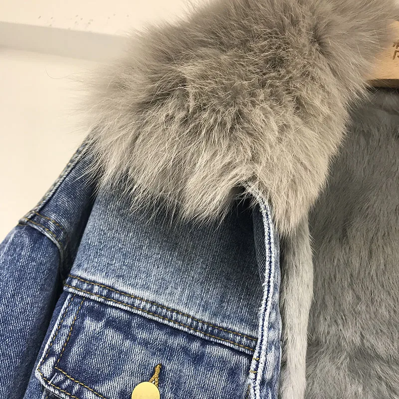 Шапка из меха лисы, зимняя пальто, джинсовая куртка Для женщин с натуральным лисьим мехом датский из натурального кроличьего меха с подкладкой из хлопка верхней одежды с хлопковой подкладкой: куртка Женская парка