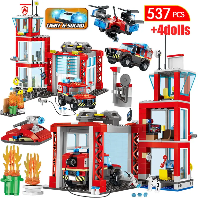 

537pcs Fire Fighting Car Building Blocks Compatible Legoing City Fire Department Helicopter Boat Figures Bricks Children Toys