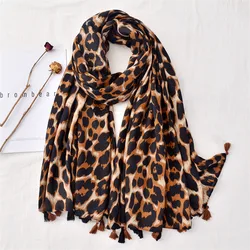 Autumn Fashion Khaki Leopard Tassel Viscose Shawl Scarf Lady High Quality Print Wrap Pashminas Stole Bufandas Muslim Hijab Snood