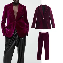 Estilo britânico feminino velo forrado terno za 2021 outono moda 2 conjuntos de veludo blazers e calças de perna reta blazers feminino terno