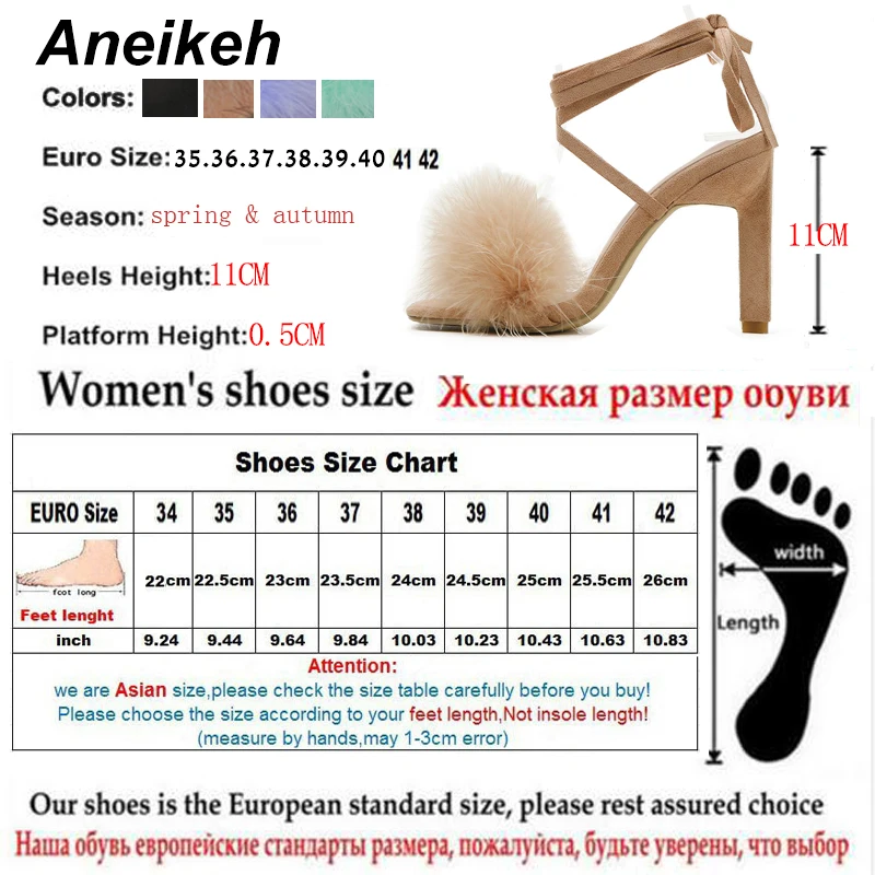 Women High Heels Aneikeh Summer Rome Fashion Furry Cross-Tied Women Pumps Sexy 11CM Thin High Heel Lace-up Dress Party Ladies Sandals
