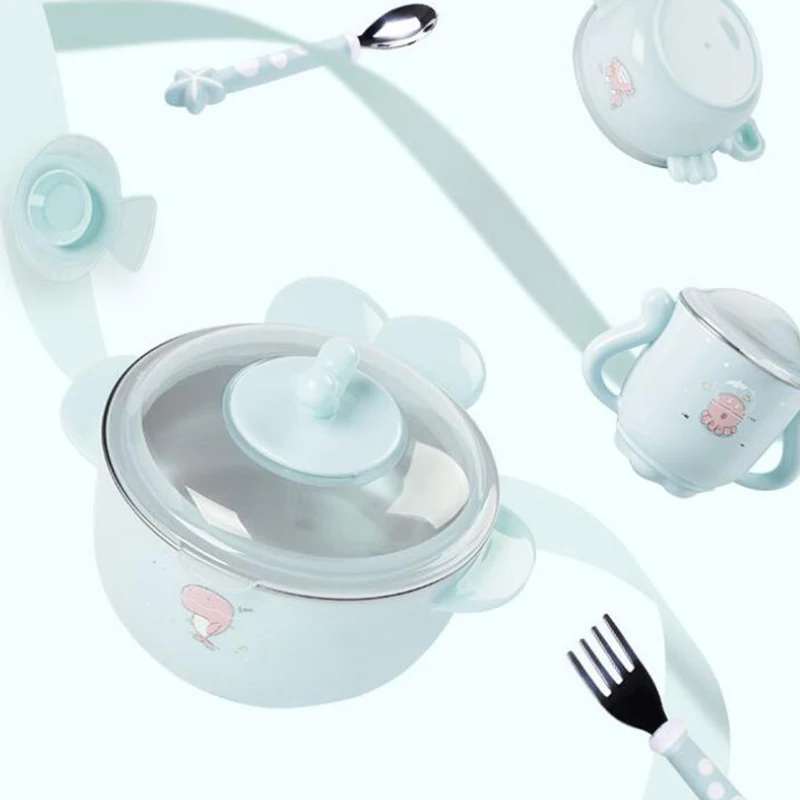 

5 Sets Of Baby Cutlery Set Stainless Steel Cute Cartoon Insulation Bowl Children Hot Water Insulation Bowl Children Feeding Tabl