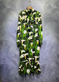 

2020 runway designer women green leaves floral printed mermaid dress diamonds buttons bow collar long sleeve midi dresses Y350