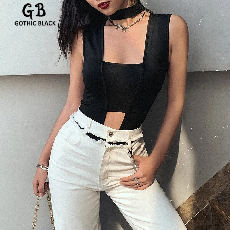 

Gothblack Sexy Hollow Out Bodysuits Women Solid Color O-Neck Sleeveless Slim Bodysuits Female Streetwear Dark Bodysuits 2020 New