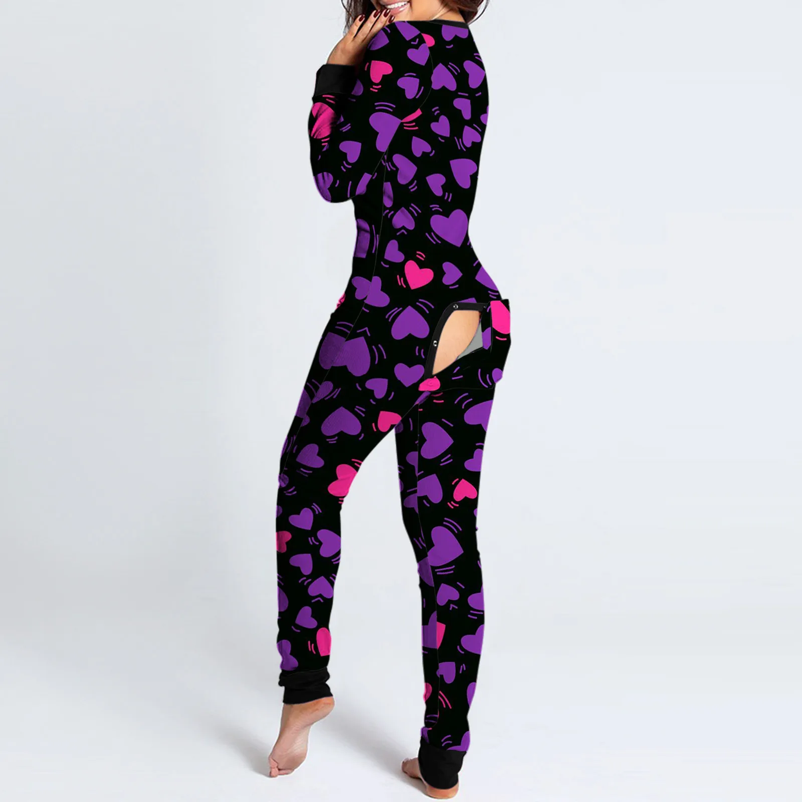 Sexy Pyjama Women's Jumpsuit women jumpsuit women bodysuit sleep wear set Suit Onesies Button-down Back Butt Bum Open Ass Flap Jumpsuit Heart Print Loungewear Bodysuit
