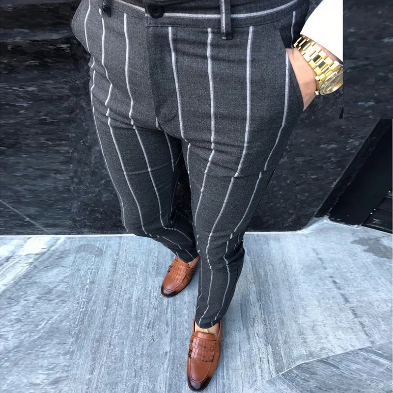

MJARTORIA Fashion Slim Fit Skinny Pants For Men Chino Trousers Plaid Design Fashion Grey With Stripe Casual Solid Color Pants